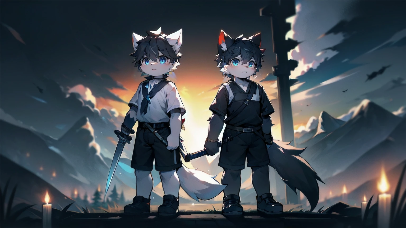 White Wolf,black hair,Sky blue eyes,hairy,Wolf ears,Wolf tail,Full body portrait,The character is in the center of the frame,Handsome,Confident eyes,male,juvenile,Black and white combat uniform,Red neck bib,Black shorts,Short sleeve,hairy arms and legs,Dark background,Dark battlefield,dawn,sunrise,dawn,illumination,shadow,Swordsman,Scabbard and sword,Hold the hilt of a sword in your hand,The scabbard is at the waist,Highest quality