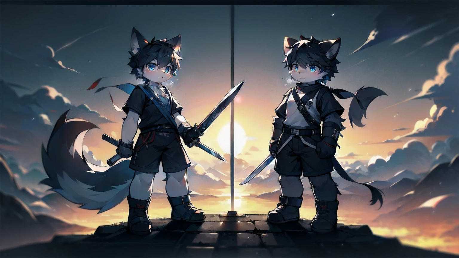 White Wolf，black hair，Sky blue eyes，hairy，Wolf ears，Wolf tail，Full body portrait，The character is in the center of the frame，Handsome，Confident eyes，male，juvenile，Black and white combat uniform，Red neck bib，Black shorts，Short sleeve，hairy arms and legs，Dark background，Dark battlefield，dawn，sunrise，dawn，illumination，shadow，Swordsman，Scabbard and sword，Hold the hilt of a sword in your hand，The scabbard is at the waist，Highest quality