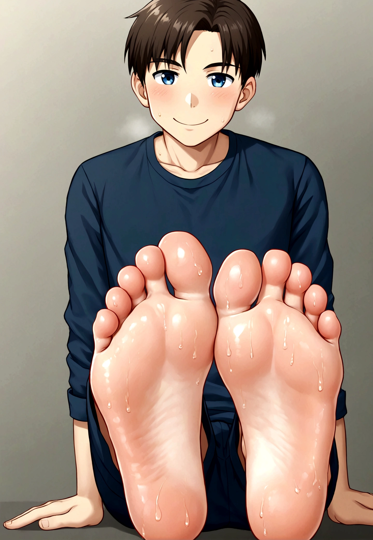 Prisoner young man with sweaty feet smiling