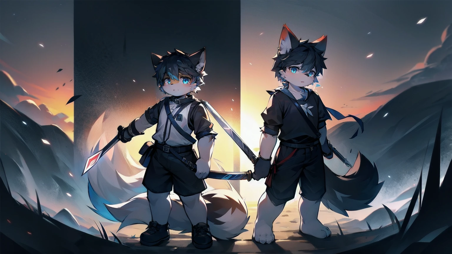 White Wolf，black hair，Sky blue eyes，hairy，Wolf ears，Wolf tail，Full body portrait，The character is in the center of the frame，Handsome，Confident eyes，male，juvenile，Black and white combat uniform，Red neck bib，Black shorts，Short sleeve，hairy arms and legs，Dark background，Dark battlefield，dawn，sunrise，dawn，illumination，shadow，Swordsman，Scabbard and sword，Hold the hilt of a sword in your hand，The scabbard is at the waist，Highest quality