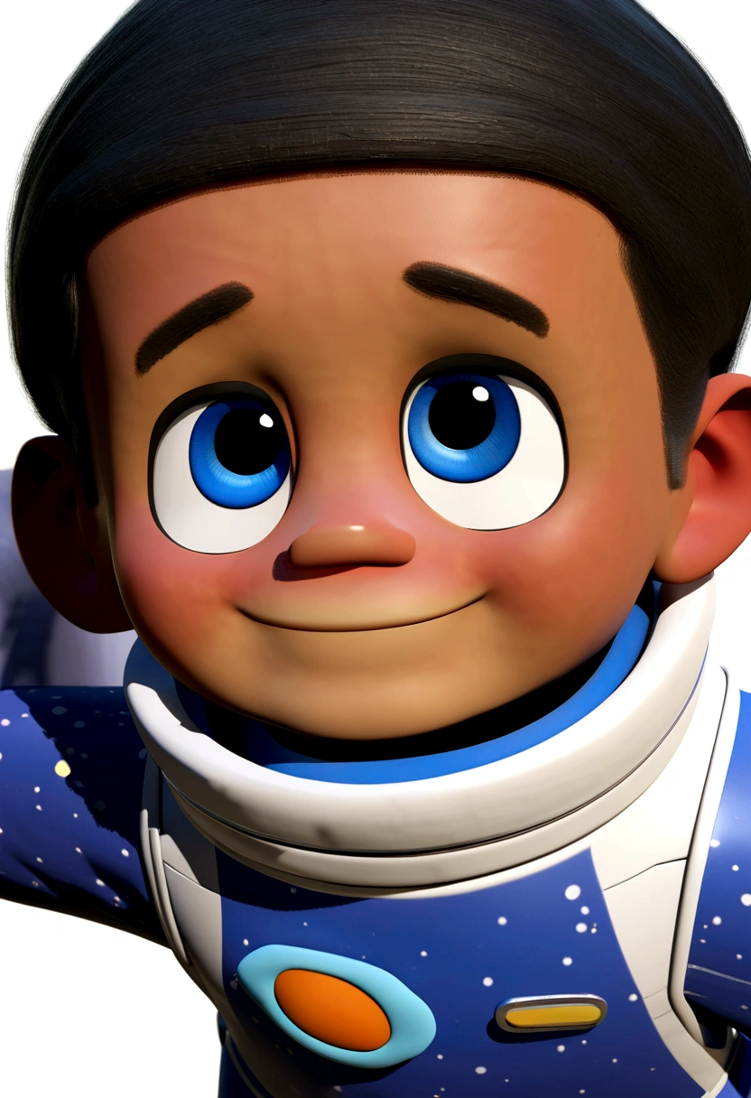 a happy 10 year old boy, with short hair, darkskin, wearing a space costume, , White background, the , tom, Pixar-style, ....3d, Cartoon s, face detailed, asymmetric 16k