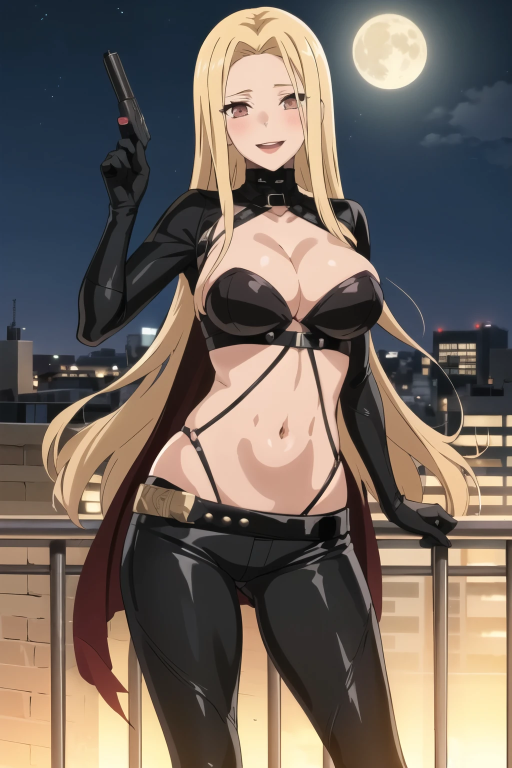 1girl, solo, standing, aaluis, facial mark, mole under mouth,breast tattoo, , long hair, large breasts, ear piercing, long hair, blush, lipstick,,fur trim, mature female, gloves, fur-trimmed coat , outdoors, rooftop, cityscape, building, railing, night, night sky, scenery, moon, city lights, gloves, masterpiece, best quality, highly detailed, a girls with a gun, evil smile , open mouth, sexy gaze, badass pose , evil smile, smile, (nsfw) not safe for work, guns blazing, anime girl with long hair, beautiful long haired girl, navel, evil expression, exposed belly, exposed navel, exposed midriff, exposed lower belly, long black pants, crop top, cleavage, unbuttoned leather pants ,open fly, low rise black leather pants, leather jacket, holding a gun,