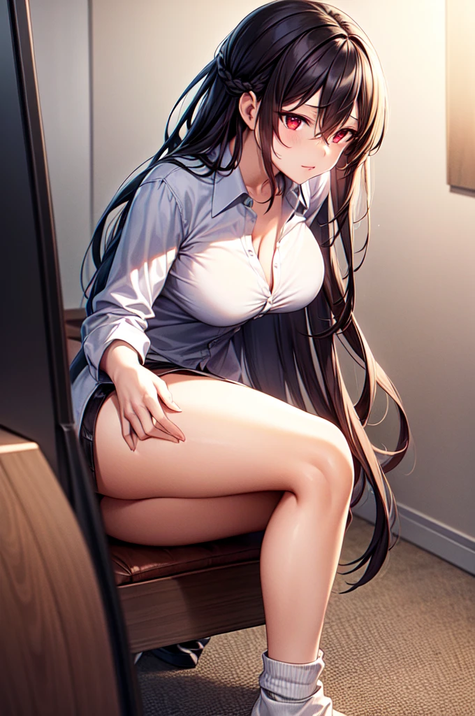8K, detailed, anime, smooth anime CG art, masterpiece, high quality, highres, best quality, highres, 1girl, disheveled hair, illustration, focus on face, simple background, long hair, socks, black hair, hair between eyes, calm, dress shirt, long bangs, tied hair, braided hair, dominant eyes, ribbons in hair, crimson red eyes, large breasts, breasts, perfect face, perfect legs, no pants, full lips, add_detail:-3
