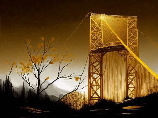 GOLD LEAF BRIDGE MINIMALIST GOLD LEAF BLACK AND WHITE PAINTING LANDSCAPE MINIMALIST SILHOUETTES STARK CONTRAST TREE BRANCHES GOLD SUN MINIMALIST FLAT masterpiece, best quality, (extremely detailed CG unity 8k wallpaper), (best quality), (best illustration), (best shadow), absurdres, realistic lighting, (Abyss), beautiful detailed glow, art by PeterMohrBacher,