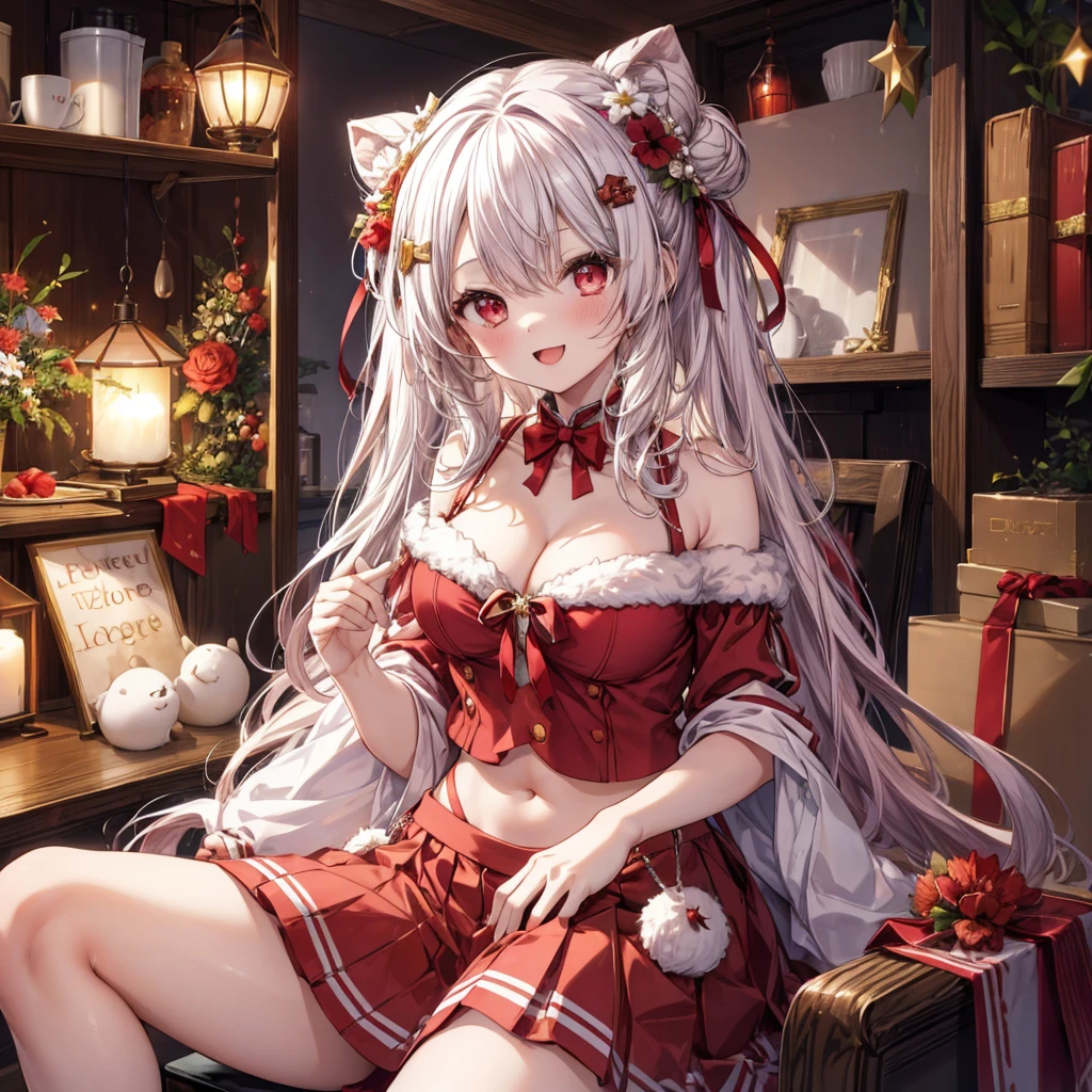 ((Highest quality)), ((masterpiece)), (detailed), the girl in a santa costume is sitting on the floor with all of her ornaments, 1girl, breasts, black ribbon, 独奏, long hair, hair bun, red eyes, cleavage, ribbon, sitting, navel, looking at viewer, smile, large breasts, hair ornament, open mouth, ahoge, skirt, bell, hair flower, flower, red skirt, night