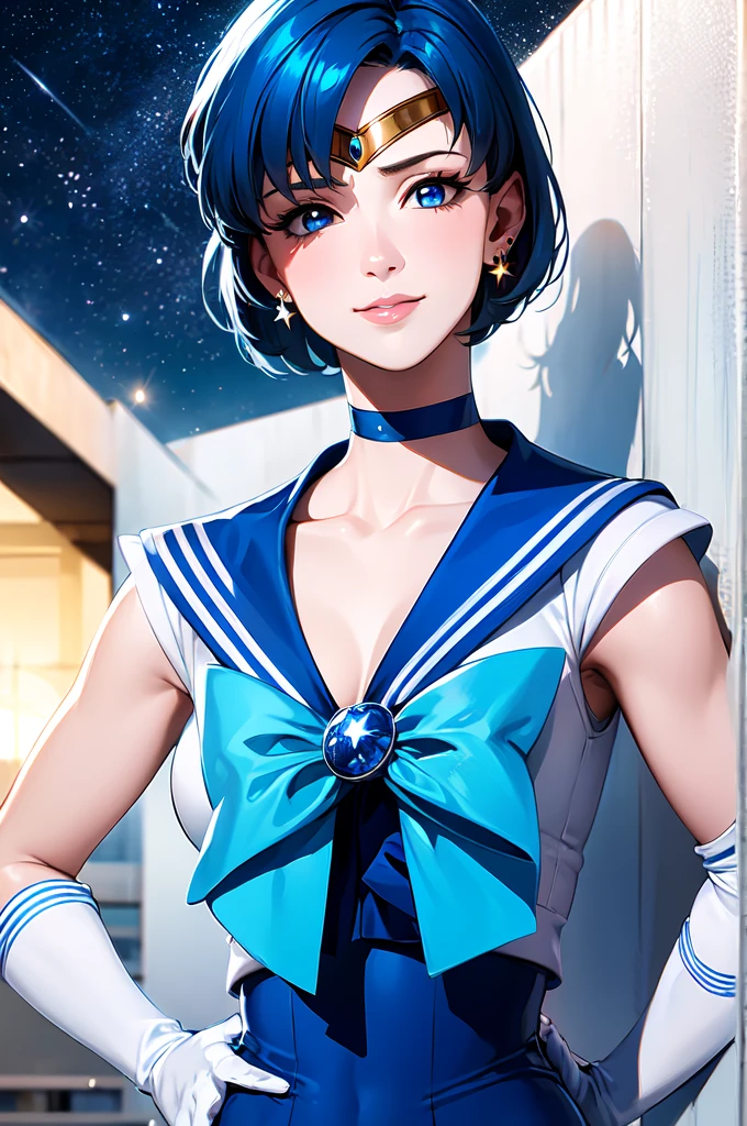 (solo, 1girl), (absurdres, highres, official wallpaper, poster), (masterpiece, best quality:1.2), (illustration, realistic), (perfect details, highest detailed, extreme detailed), dramatic light, AmiMizuno, (sailor mercury, neck ribbon, blue hair, short hair, circlet, jewelry, crescent earrings), (city, starry sky), (seductive smile, blush, standing), full body, hand on hip