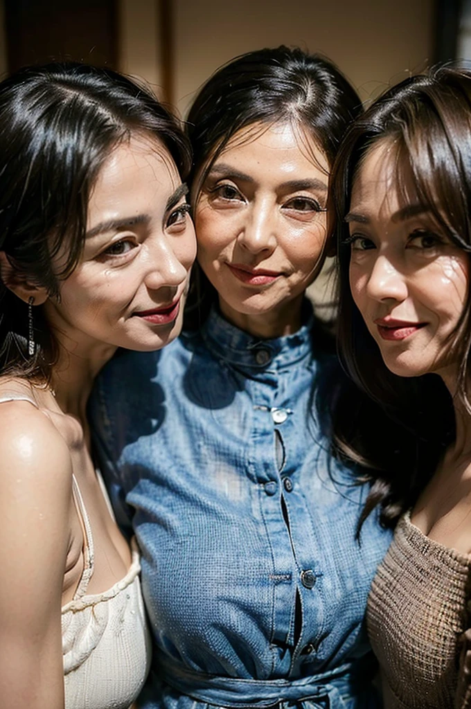 (masterpiece : 1.5), (super detailed : 1.5), (realistic : 1.5), (3 woman : 1.5), (3 woman standing side by side), (they are all 65 years old : 1.3), beautiful mother, (wrinkles on her face : 1.2), (gentle smile), (Each has a different hairstyle), (Each has a different casual clothes), (Each has a different posing), living room, pores, skin blemishes, fleckles, realistic detailed skin