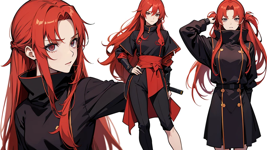 wiped, Girl with red hair, long hair, Beautiful girl, Anime, Anime стиль, Manga, красноволосая девушка ninja, ninja, Without background, White background