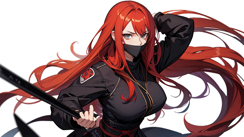 wiped, Girl with red hair, long hair, Beautiful girl, Anime, Anime стиль, Manga, красноволосая девушка ninja, ninja, Without background, White background