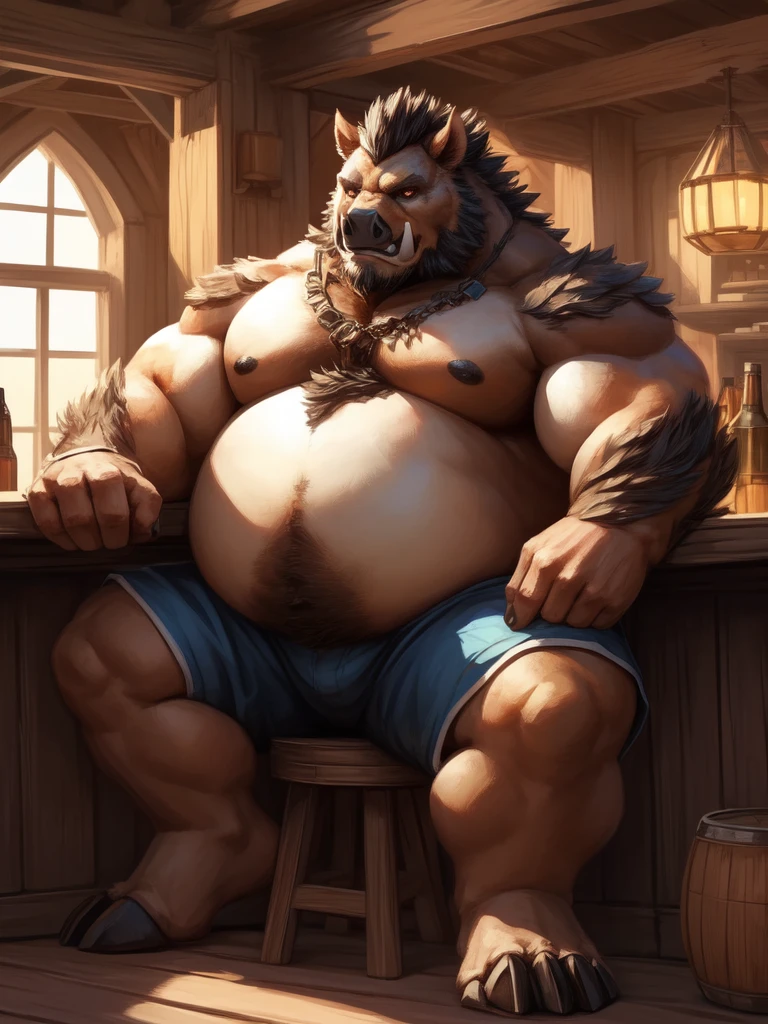 lucusold, lanxus, a man with a huge belly, furry hog, boar, fat ripped:1.2, chubby, more chubby, sitting in tavern, beer, thicc, lowres, giant and fat, danbooru and artstation, heavy detailed, insanely inflated hips, topless, shorts, proportionally arms, fluffy chest, commission for high res, detailed but rough, semirealistic:1.3