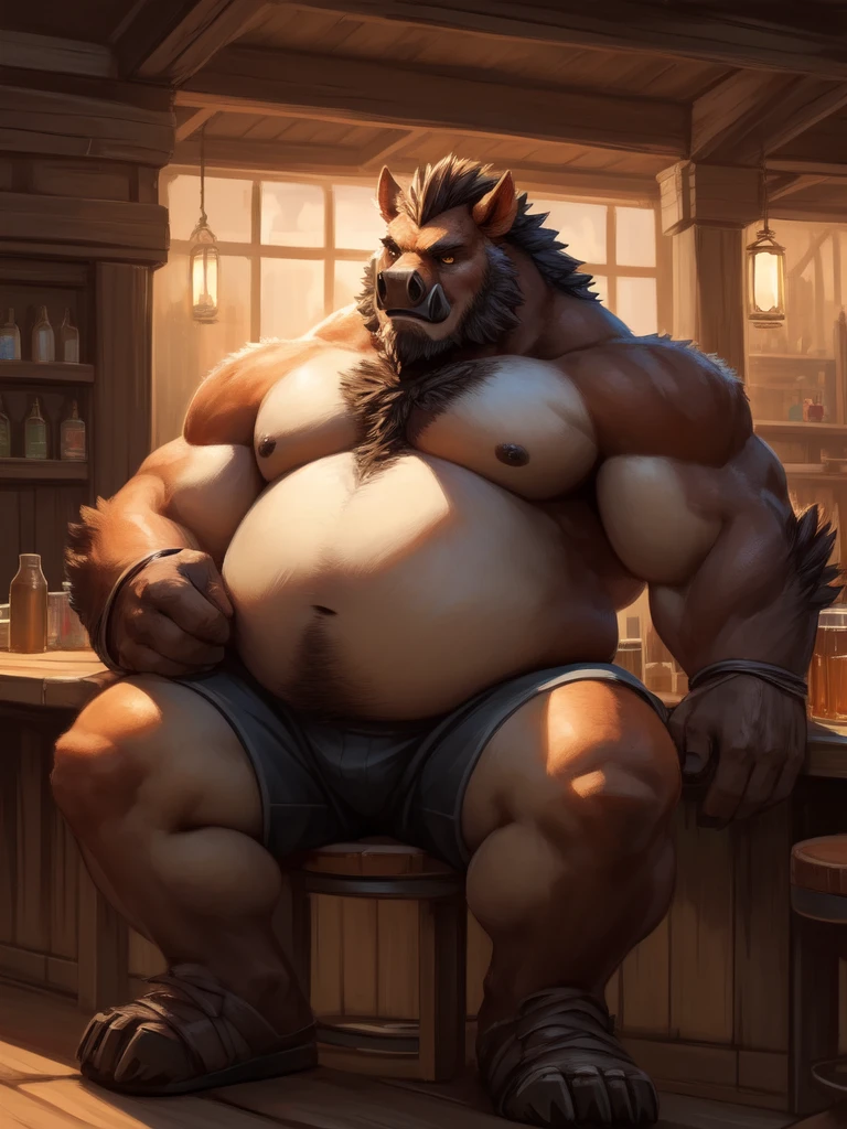 lucusold, lanxus, a man with a huge belly, furry hog, boar, fat ripped:1.2, chubby, more chubby, sitting in tavern, beer, thicc, lowres, giant and fat, danbooru and artstation, heavy detailed, insanely inflated hips, topless, shorts, proportionally arms, fluffy chest, commission for high res, detailed but rough, semirealistic:1.3