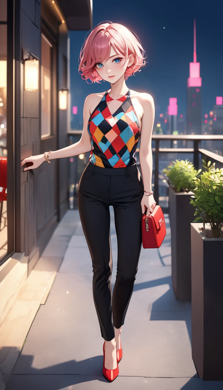 (((masterpiece))),(((High resolution)))、(((8K quality)))、(((Perfect Face)))、((Top quality eyes)), One Girl、24-years-old、Best Bust、Medium Chest、Beautiful Eyes、Pink Hair, Very short hair、blue eyes, Cleavage、(Completely naked), ,BREAK, (Geometric patterned top:1.4), (Black skinny pants:1.4), (Unique outfit:1.4), (Red bag and pumps:1.4), (Pop of color:1.4), On a stylish terrace in the city