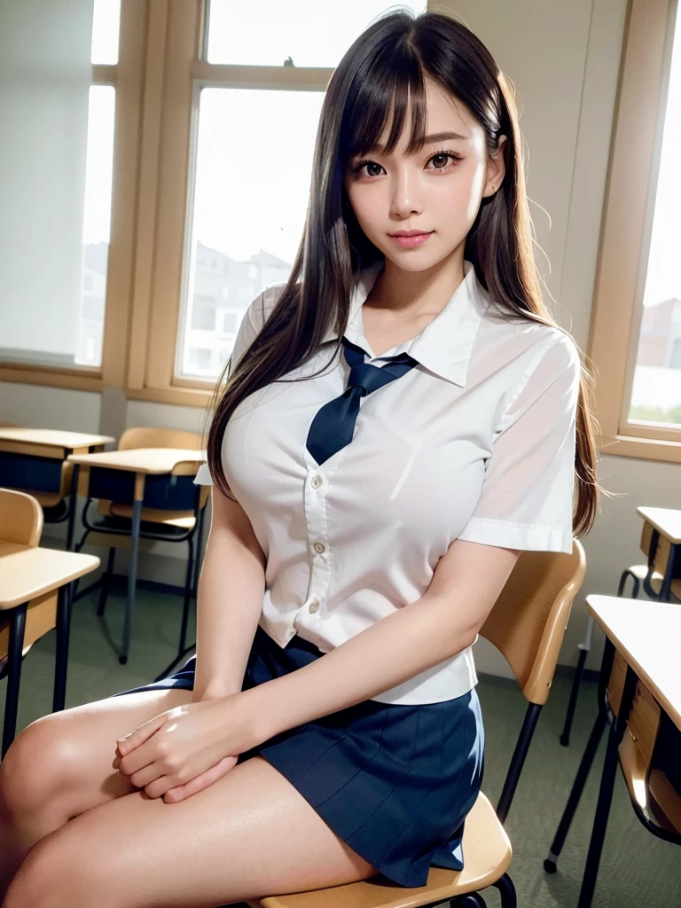 8k,best quality, masterpiece, ultra detailed, ultra high res, photorealistic, raw photo, absurdres, absolutely resolution, 1girl, full body, looking at viewer,a Japanese young pretty woman, hyper cute face, glamorous figure, large breasts,long bob hair,smile,(school uniform:1.3),beautiful eyes, ,windy, (I'm sitting in a chair in a classroom:1.3),glossy lips, double eyelids in both eyes, natural makeup, long eyelashes, shiny smooth light brown long bob hair, asymmetrical bangs, shiny skin, central image, high resolution, high detailing, detailed hairstyle, detailed face, spectacular movie lighting, octane rendering, vibrant, hyper realistic, perfect limbs, perfect anatomy