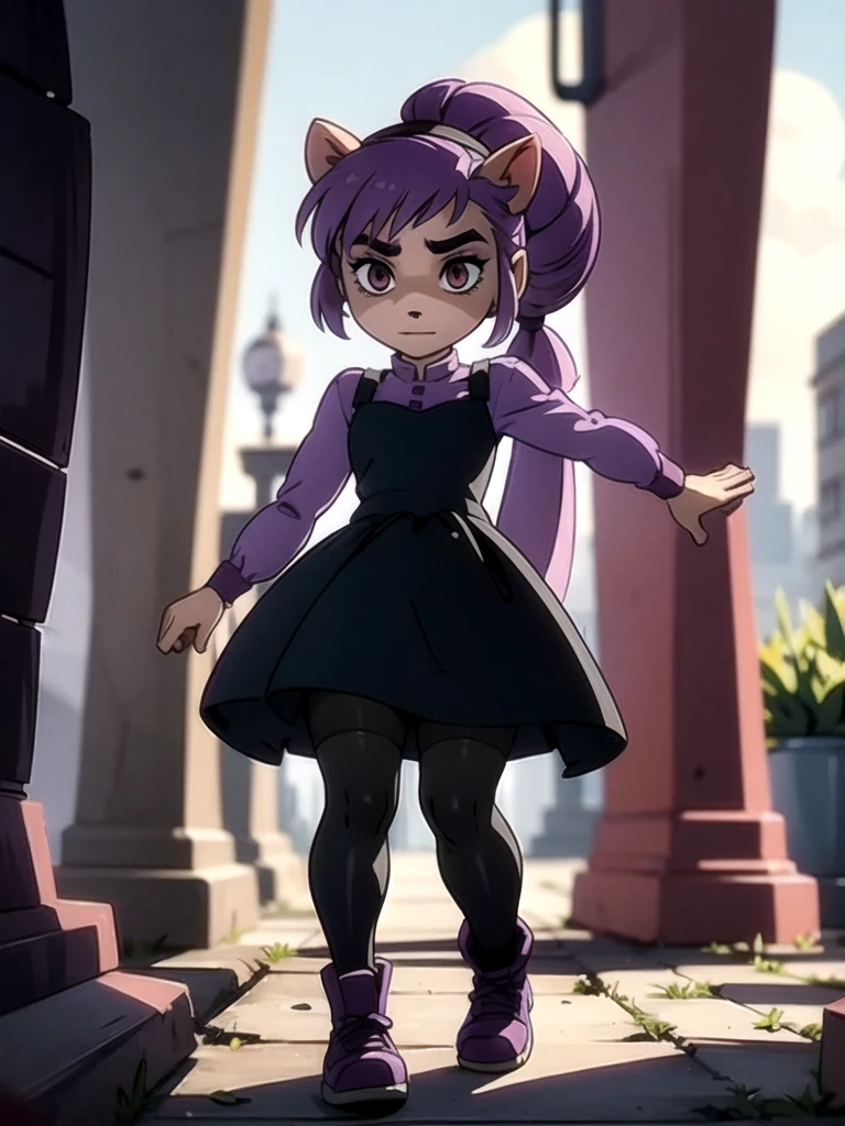 A dark anthro bandicoot girl with purple hair, wearing a dark dress, skirt, tights, and combat boots,