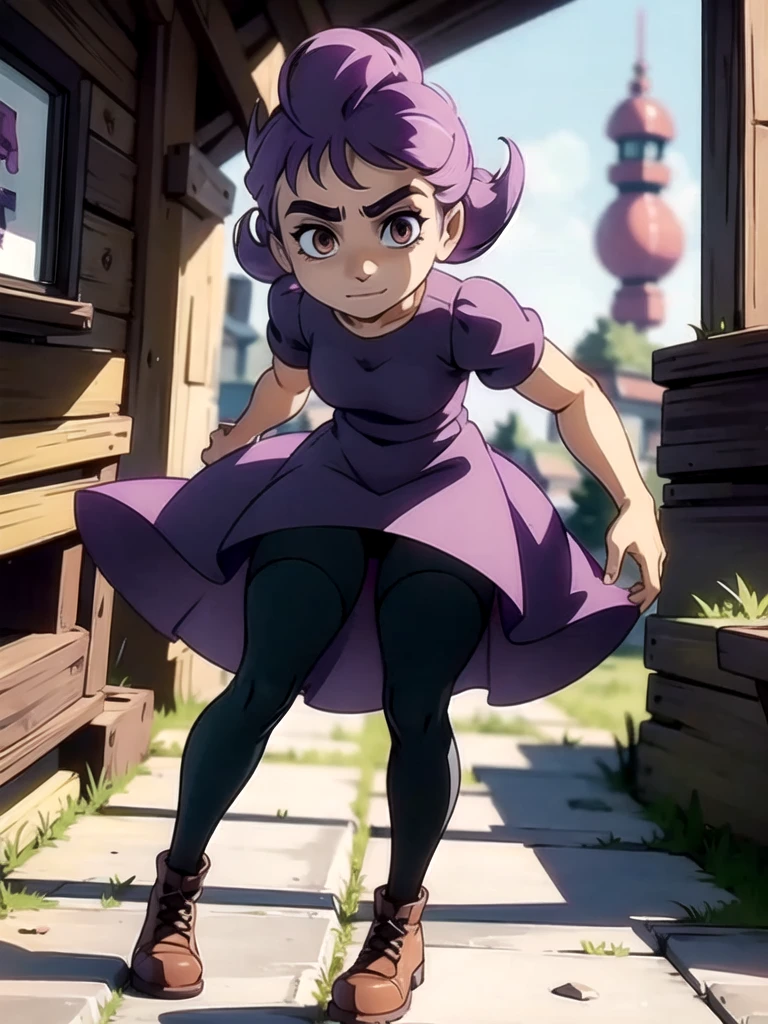 A dark anthro bandicoot girl with purple hair, wearing a dark dress, skirt, tights, and combat boots,