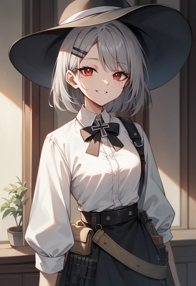 room,Idol Cross,masterpiece,Highest quality,Gray Hair, Red eyes,White shirt,(black formal hat),(Hair Clip:1.3),(Small Mouth Mole:1.3),smile,High resolution,4K,Black sleeves,whole body,Medium bob hair,Holster on waist