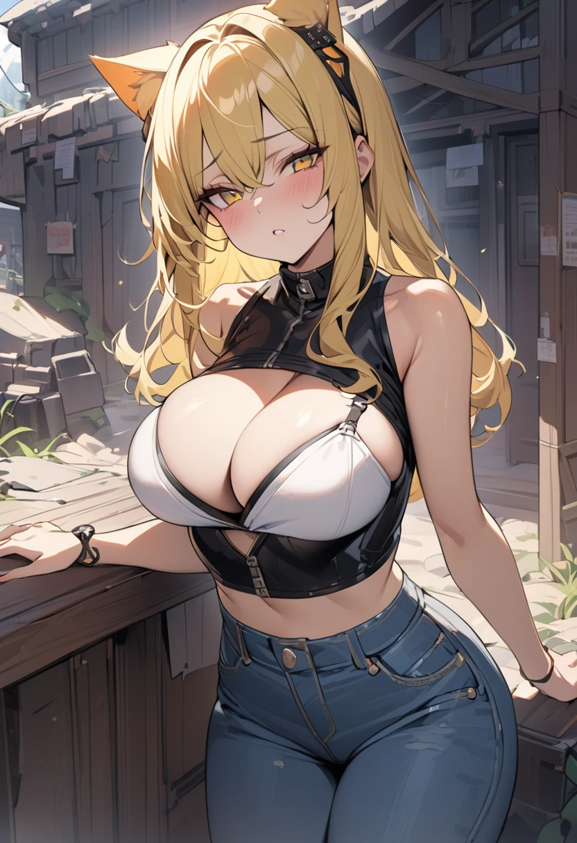 (( ภาพstraight face )) ((best quality)), ((Masterpiece)), (details), Young woman ,cat ears ,yellow hair , beautiful girl hair , according to green , Hot outfit, jeans skirt , bright , big breasts , Big waist, straight face ,sexy,outpost