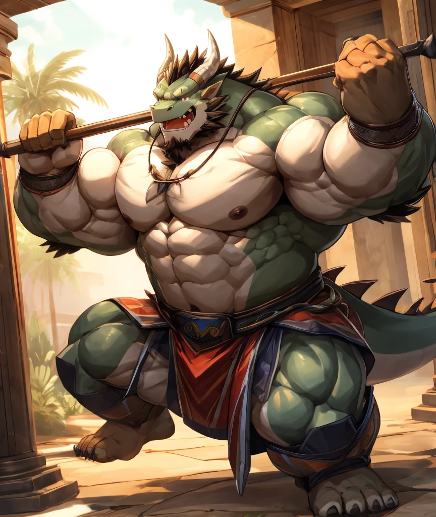 

Dragon Orc，Strong body，muscular，Like a born strong man。His skin looks healthy and fair...，Muscle and fat intertwined，Create unique skin texture，Perfect and powerful。

His arms are as strong as iron pillars，Well-defined muscles，It seems to contain infinite power。Palms are generous，Sharp fingers and claws，Showing his wildness and strength。

He has a big heart，Muscle bulge，As if it could withstand any impact。Very good abdominal muscles，腰部Full of power，Like an indestructible mountain。

His legs are muscular，Seems to be able to overcome any obstacle。Calf muscle lines are smooth，Full of power，A dragon that looks strong and agile&#39;The tail is strong and powerful，The scales at the end of the tail shone with cold light，Showing his majesty and mystery。

The whole picture is dominated by cold colors..，强调白Dragon Orc的力量和威严。In the treatment of light and shadow，Let the gentle sunshine shine on him，Make his muscles more three-dimensional and vivid。at the same time，Pay attention to his facial expressions and eyes，He showed his perseverance and courage，Like an invincible strongman。