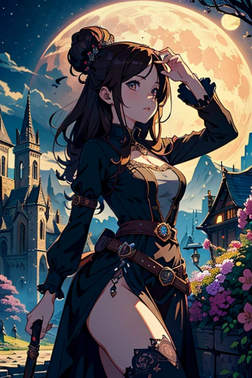 (masterpiece),(Highest quality), figure, (Fantasy:1.4), witch, cute detailed digital art, Beautiful Face, Brown Hair, Put your hair up, city, Mountain, Dark colored long dress, moon, Flowers , paper_cut