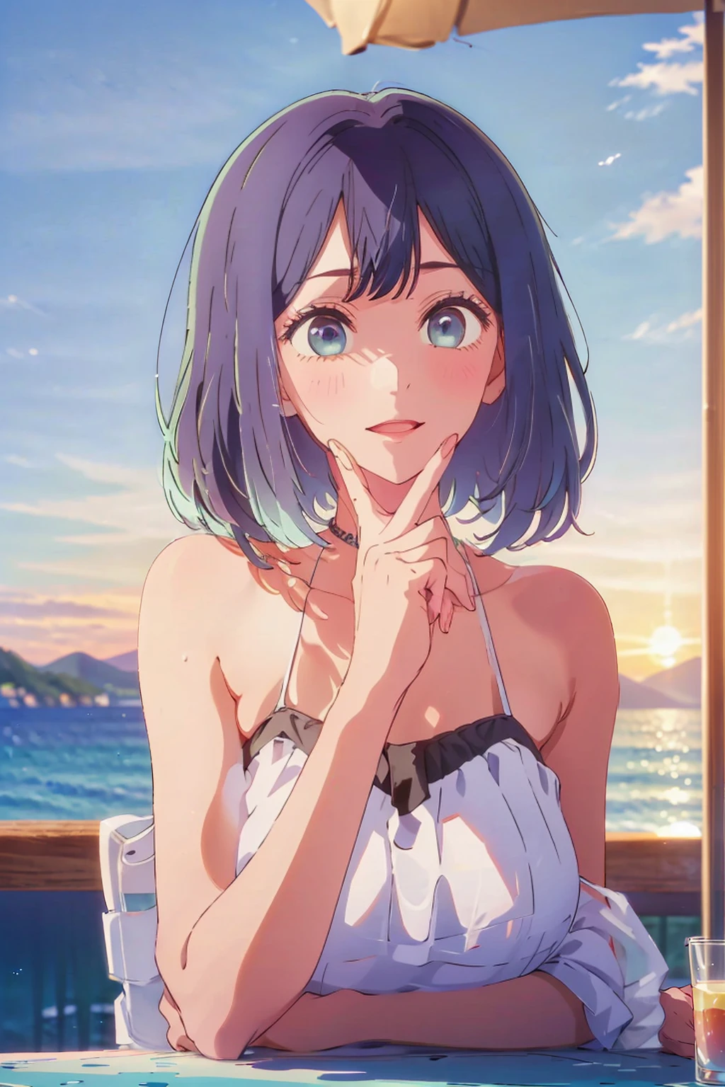 (Highest quality:1.4、masterpiece:1.4、Super detailed:1.4、8K:1.4)、((((1 person、Surprised expression、sit、Outdoor café terrace、coastal、juice、table、Sandy Beach、bikini、juiceのグラスを持つ、Big eyes、Shallow depth of field、Very cute face))))、(((bikiniサイズは小さい)))、(((sunset、Sunset)))、F cup bust、Big Breasts