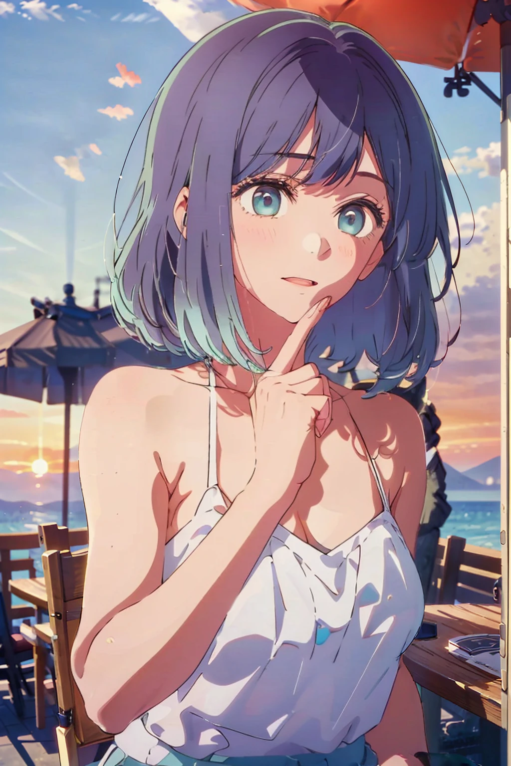 (Highest quality:1.4、masterpiece:1.4、Super detailed:1.4、8K:1.4)、((((1 person、Surprised expression、sit、Outdoor café terrace、coastal、juice、table、Sandy Beach、bikini、juiceのグラスを持つ、Big eyes、Shallow depth of field、Very cute face))))、(((bikiniサイズは小さい)))、(((sunset、Sunset)))、F cup bust、Big Breasts