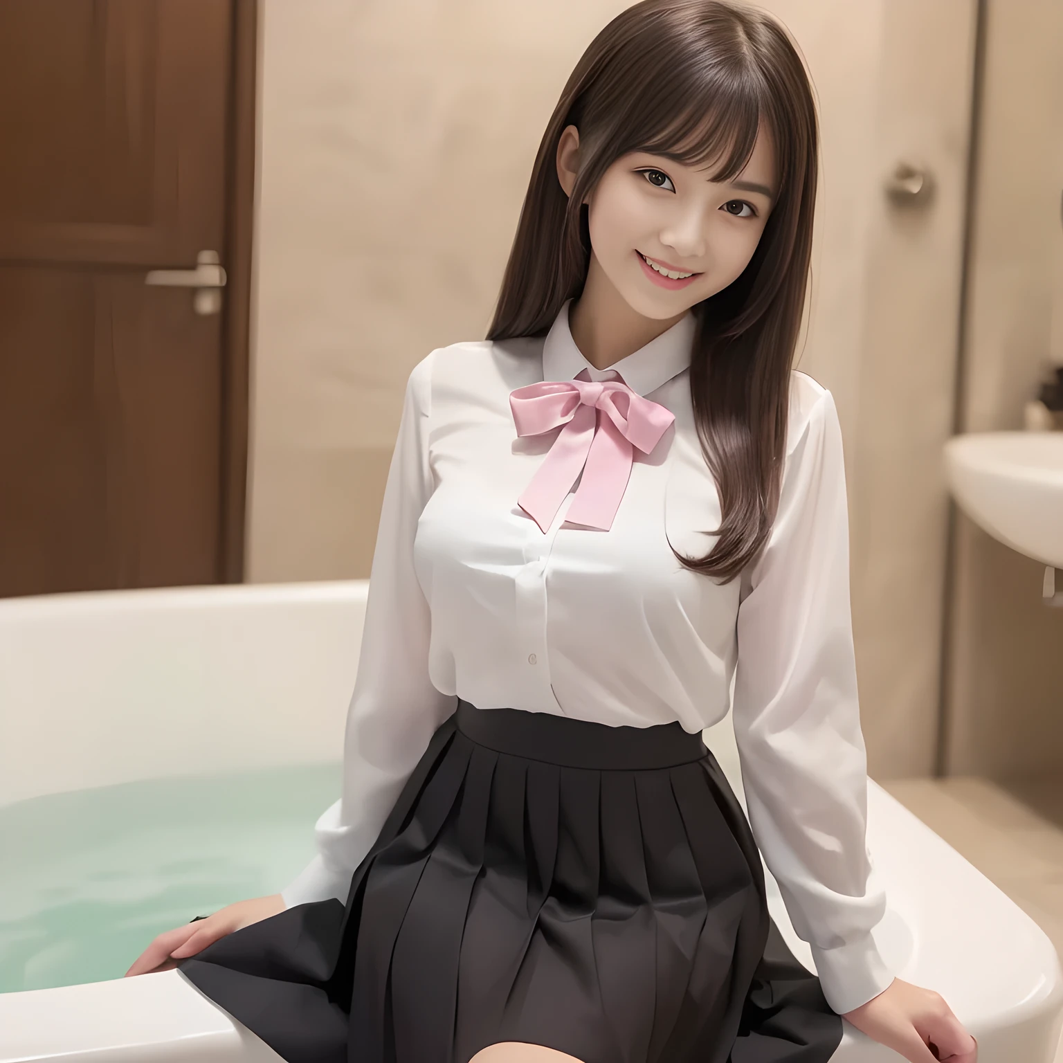 (highest quality, masterpiece:1.2), highest quality, High resolution, 1080P, 8K, Height: 158cm, ((A noble and intelligent girl like Japanese cute girly lady is hypnotizing and giggling, A very sweet, very noble, pretty and neat Japanese beautiful cute girl. Realistic very girly sweet cute evil girl like a princess is seated on the evil girly water bed in a girly bath room with evil thought in a deep nightmare)), ((((14 years old, popular fashion model)))), ((((White face with plump cheeks)))), Glossy lips, (Evenly cut bangs), ((Very beautifully laughing brown drooping gooey eyes)), (The very large, shiny, wide yellow ribbon bow-tie on her chest is very cute)., ((straight black very very long straight hair)), (((pink colored blouse))), (A neat school uniform), Very lustrous, glossy lips, Open hand over open mouth, Beautiful hair like a hair model, yellow hair ribbons, ((black pleated long skirt)), Watching the viewer and laughing, ((Incredibly well organized, The expression is rich. plump and beautiful skin and face)), ((Pure and clear sweetly smiling eyes)), Long eyelashes, ((smiling at me)), Glossy Lips, ((noble and neat)), ((Like a succubus is fascinating with magic and giggling)), ((((A succubus is fascinating and calling)))), ((highly up-curved lips)), ((looking at the viewer directly)), white hands