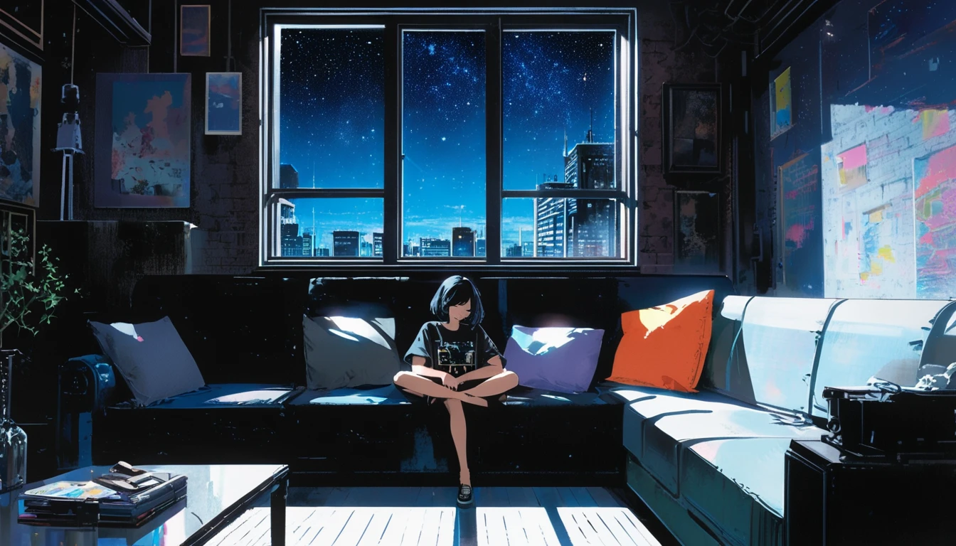 Super detailed:1.3, (Absurd, texture, masterpiece), pixiv Contest Winner, John Berkey, Dynamic cartoon style illustration,Oversized T-shirt、stand lighting、Colored pencil style、Long black hair、play the guitar、sofa、kitten、Night Sky、star、Room with a window、High precision、detailed、８K,Sitting with legs crossed, Starry sky inner hair,Dark aesthetic,Euphoric,Oversized T-shirt,Black shorts,Beautiful woman,Old alley background, Dozing off,Crayon colored Zentangle,overview,Anime key visual,