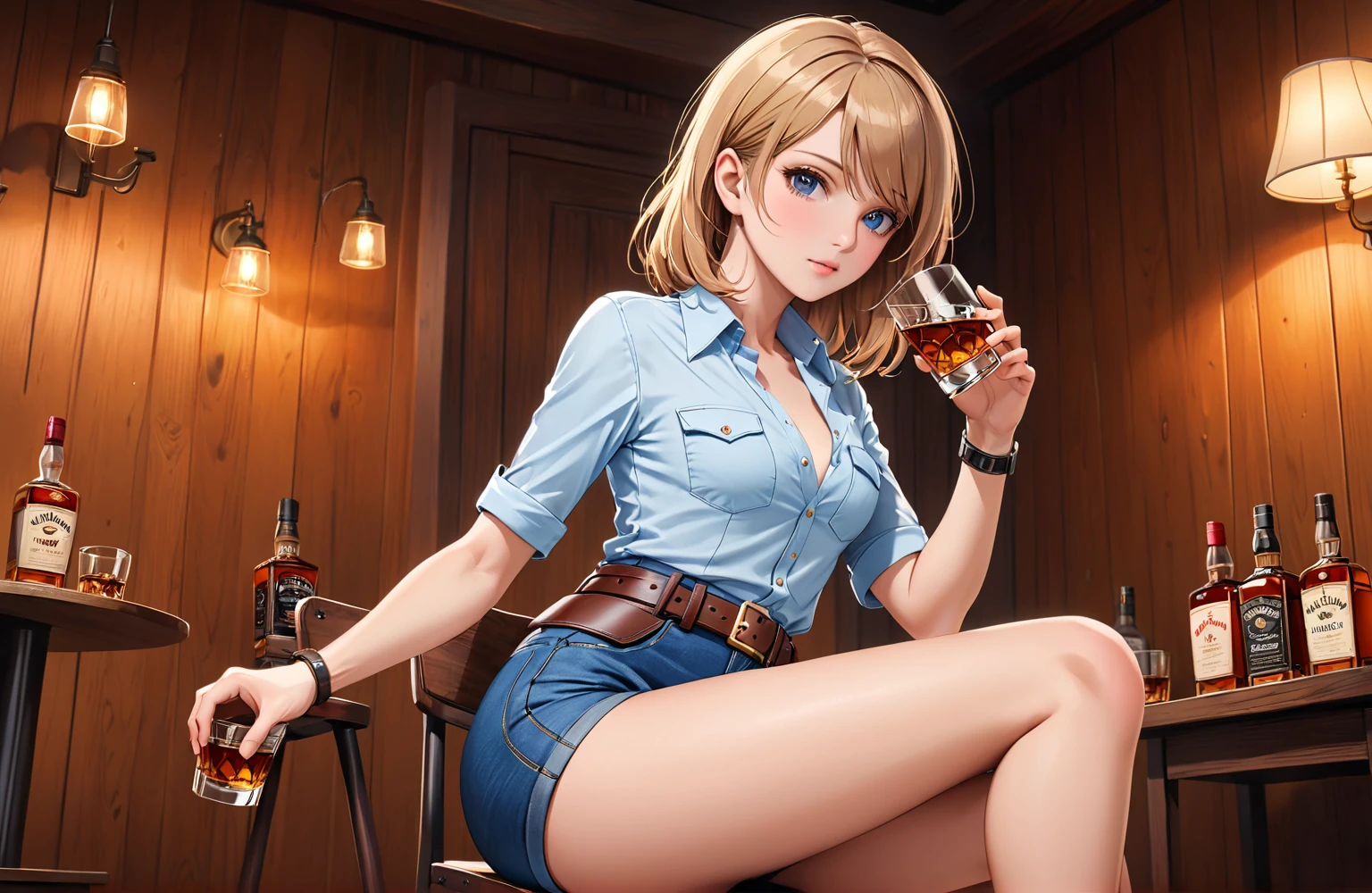 (((1 person:2.5))),(((NSFW:0.5))),(((Wear denim hot pants:1.5))),(((Wear a short-sleeved collared shirt:1.5))),(((Wear a gun belt with a holster:1.8))),,((Wear a watch on your wrist:1.5))),(((Showing cleavage))),(((Exposed thin inner thighs))),(((Small breasts:1.5))),(((Bare arms))),(((Put on your boots:1.5))),((Blushed:1.8)), Beautiful detailed girl, Very detailed目と顔, 緻密でBeautiful Eyes, Very detailed, High resolution, Highest quality, masterpiece, Very detailed, 8k wallpaper, wonderful, finely, Highest quality,(Standing in front of a wooden wall),Beautiful Eyes,((Engage your audience:1.5)),((Cowboy Shot:1.5))),((Front shot:1.2)),((Drinking whiskey:1.4)),(((Drunk:1.8))),(((Sit on a chair:1.2)))