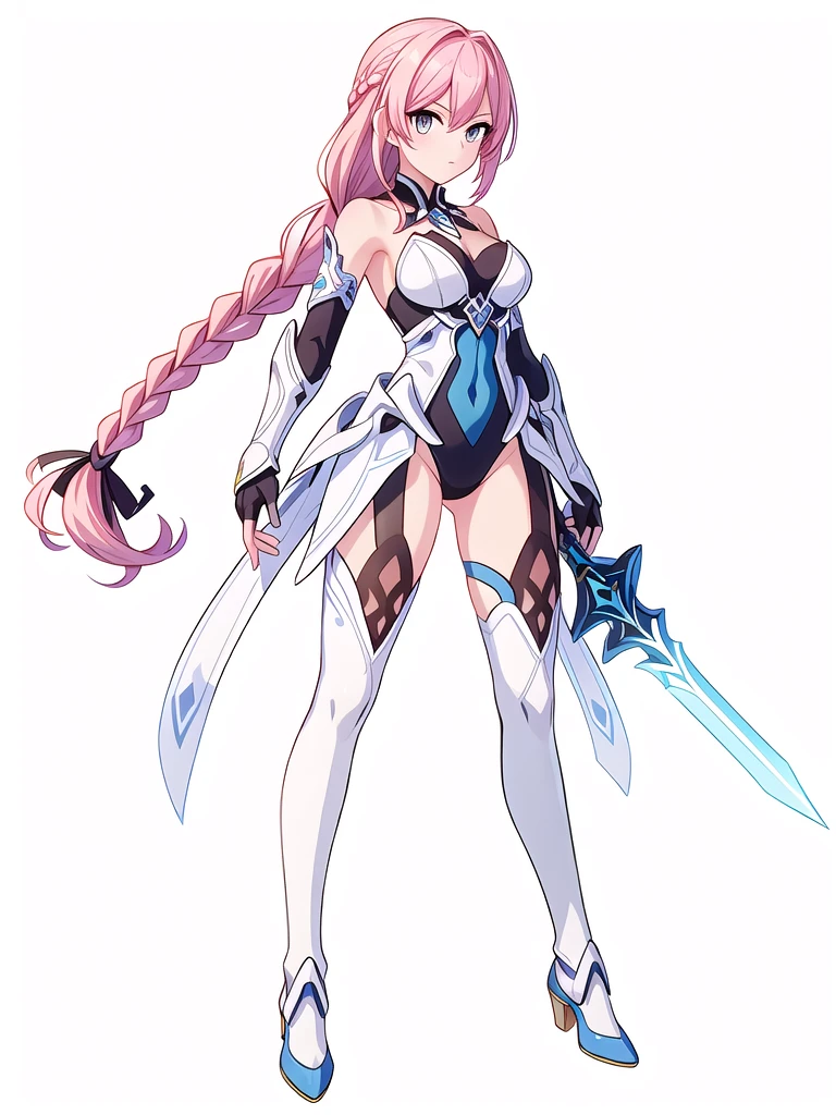 (((Best Quality))) , ((full body)), An adult female, (((white background))), variety of hairstyles, variety of design, gauntlets, leotard, body stocking, (cropped shoulders), holding great sword, gloves, stand posture, ((skyblue theme costume)), pink hair, thong, (braid),
