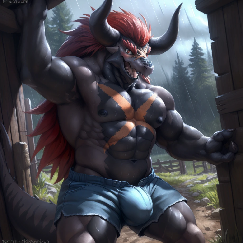 quarter view, close up view, wet, sweating, solo, (ultra detailed), a beautiful and detailed full size portrait of a male dragon, demon lord dragon batzz, ((red hair, black body, black skin, black eyes, scar)), tail, bedroom eyes, voluptuous, looking at viewer, detailed eyes, big ody, curvy_figure, cleavage, voluptuous, sexy body, (wide body). goddess, kenket, Ross Tran,ruan jia, vip, trending on artstation,foxovh, cenematic lighting, full body, ((feets visible)), (((buff, muscular anthro, nipples, blue shorts, big bulge, open mouth, seductive, pose, arms behnd head, front view, standing)), happy, blush, raining outside, dirt ground, little rocks, fenced around, fence wall, inside old medieval cabin, trees,
