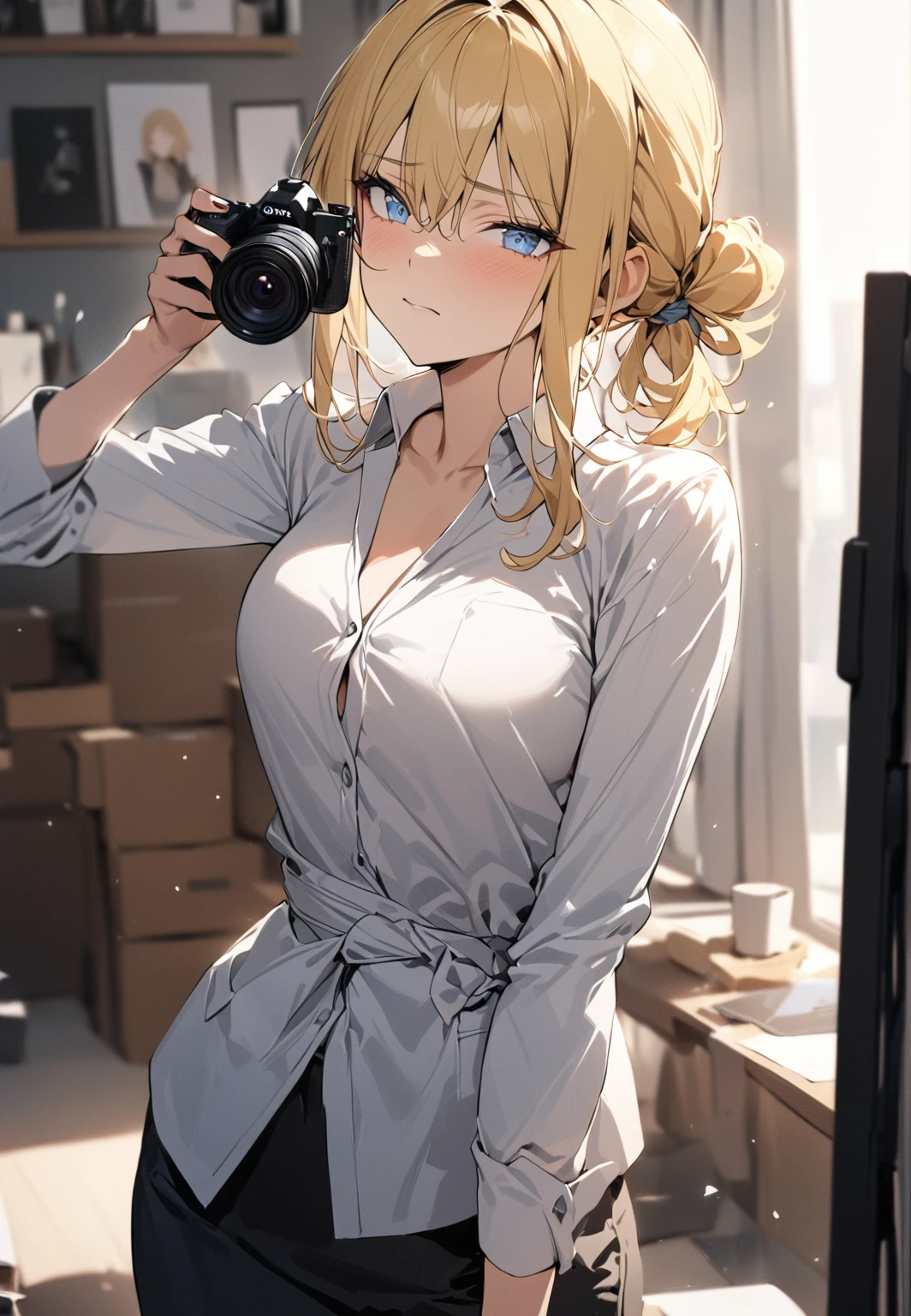 (( straight face picture )) ((best quality)),  ((Masterpiece)), (details), ( Bright picture ). Young woman , yellow hair tied up ,blue eyes , Take a picture , Office lady , photographer