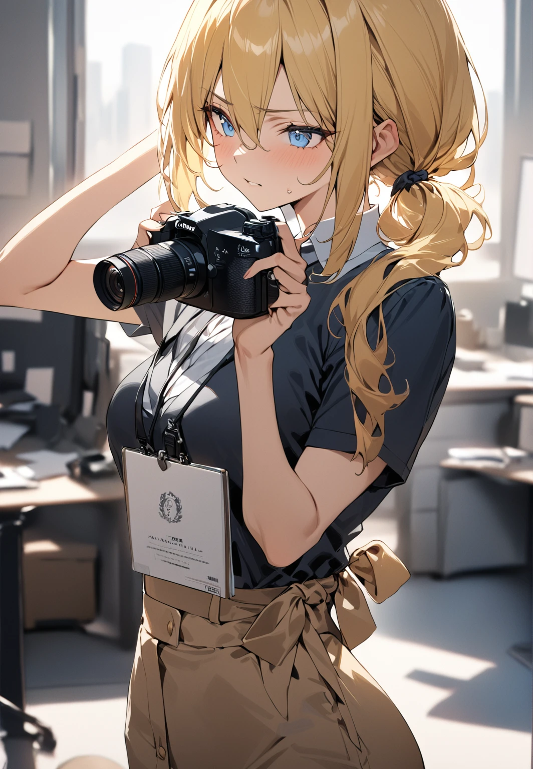(( straight face picture )) ((best quality)), ((Masterpiece)), (details), ( Bright picture ). Young woman , yellow hair tied up ,blue eyes , Take a picture , Office lady , photographer