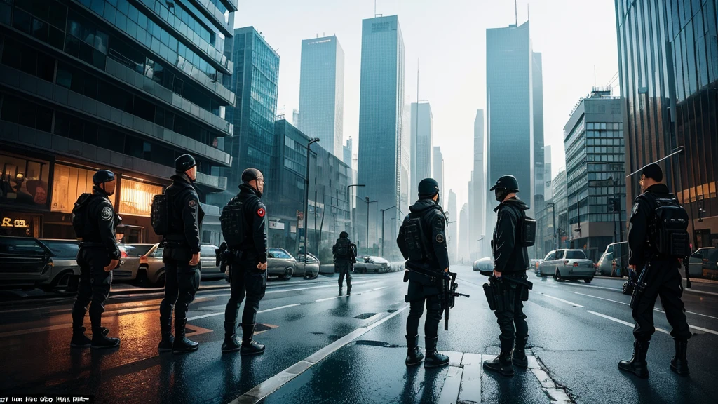 A rebel group or gang, dressed in a simple and technological way, observes the urban landscape with a mix of admiration and melancholy towards society. (The scenario must reflect both technological advancement and dystopian aspects of the future, set in more forest)