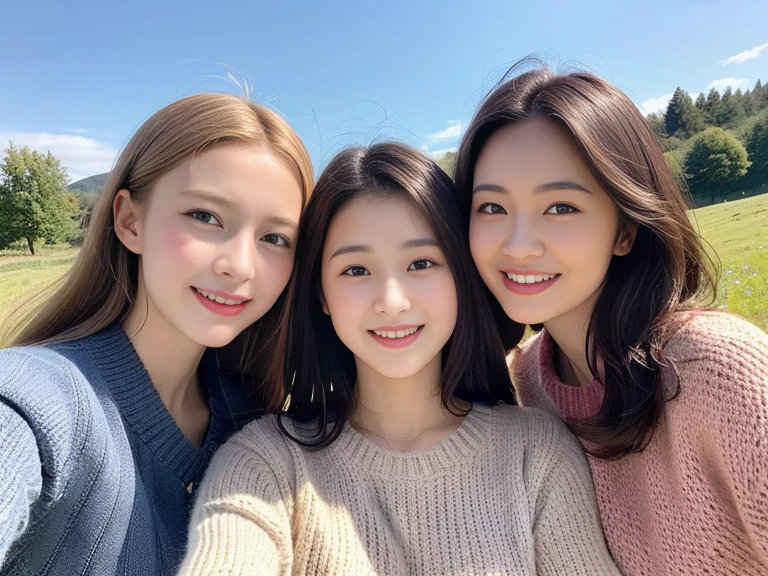 (3 girls), Young faceอินโดนีเซีย, 12 years,smile, white skin, Round breast, blue eyes,((Put on a sweater))Masterpiece, Highest quality, 8K, beautiful girl, Young face、 photography, Cute face, thigh,In the meadow, Embarrassing、รอยsmile、((((((อายุ 12 years))))))、small waist、 ((Busty breasts))