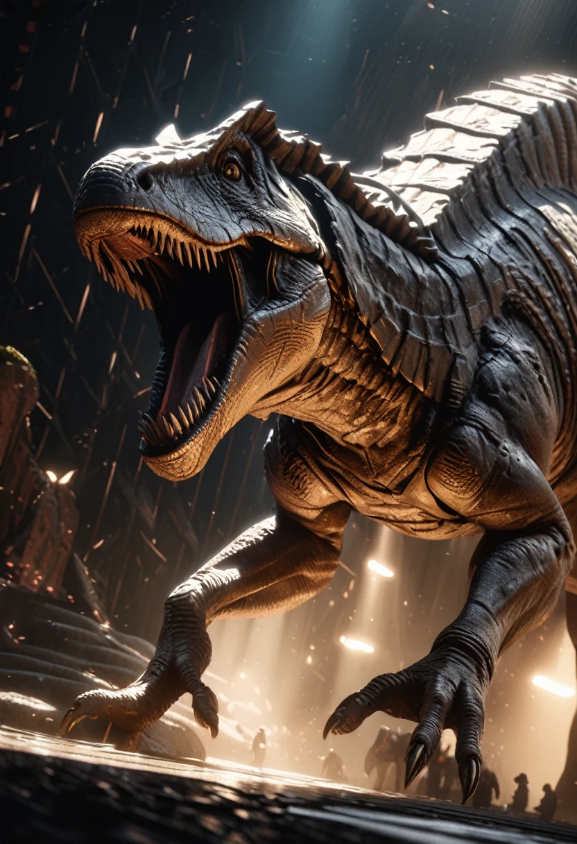 a dinosaurus with beautiful pattern and exotic element, dramatic lighting, highly realistic, cinematic, award-winning digital art, 8K, photorealistic, volumetric lighting, hyper detailed,