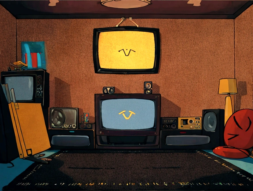 Man with TV head sitting on the carpet in his living room watching a TV. (several smaller TVs that form one large TV) tube tv, shelf with several cassette tapes, a VCR and a DVD player under the television.