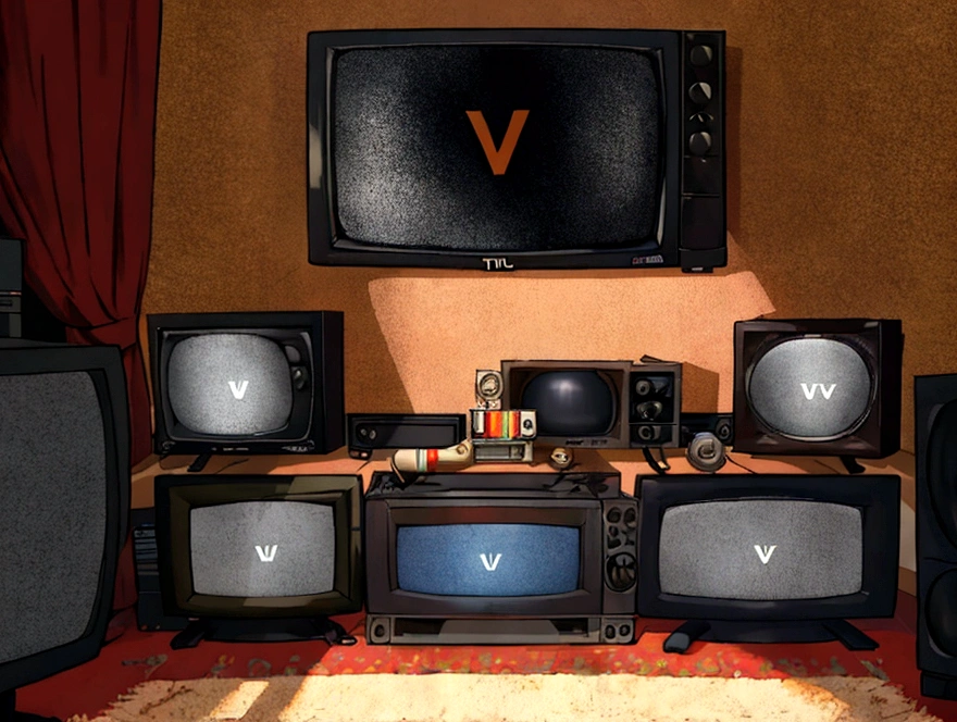 Man with TV head sitting on the carpet in his living room watching a TV. (several smaller TVs that form one large TV) tube tv, shelf with several cassette tapes, a VCR and a DVD player under the television.