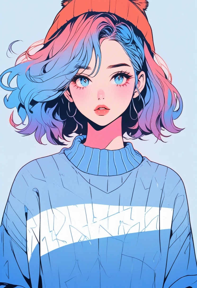 Illustration Style, anime , Realistic ,sketch , 1 Girl, ,lip, sweater,order, Blue gradient background, Neon Hair,Shortcuts,Textured Crops, Canadian, (masterpiece,Highest quality)