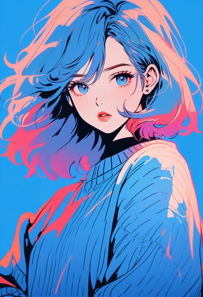 Illustration Style, anime , Realistic ,sketch , 1 Girl, ,lip, sweater,order, Blue gradient background, Neon Hair,Shortcuts,Textured Crops, Canadian, (masterpiece,Highest quality)