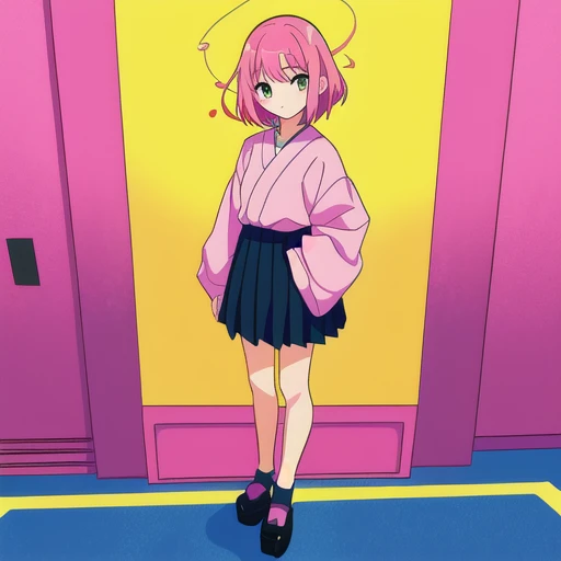 A girl in a pink shirt and a black skirt、Standing in front of a bunch of cartoon characters, Cute art style, Lo-fi Girl, Splash Art Anime , Lofi Artstyle, City Girl Fan Art, Lofi Art, Loish and clamp styles, Short full body portrait!, Anime-style illustrations, loish art style, Japanese manga style,