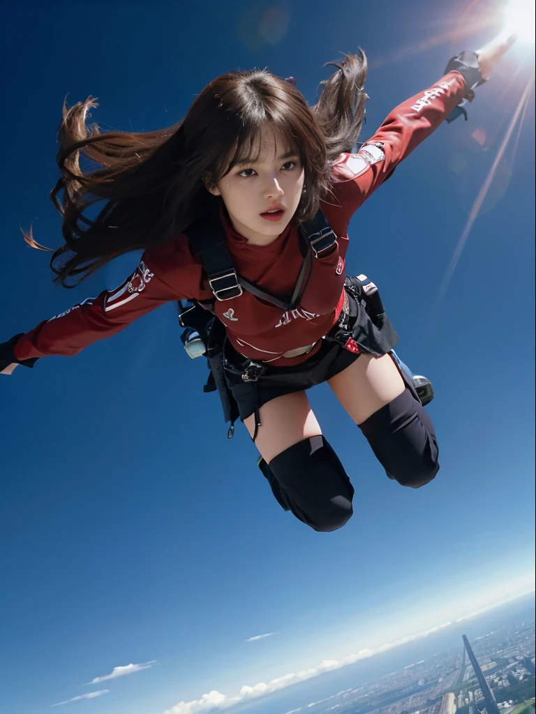 Jump skydiving on plane scene, black pink Lisa parachuting with long hair (brown hair) flying in a mess, black police uniform, harness, flowing red cloth miniskirt, in a panoramic view, anatomically correct, above knee portrait photo, very realistic, material reflective and dispersive. Dispersion of light and sunlight, and clouds high detail, high quality