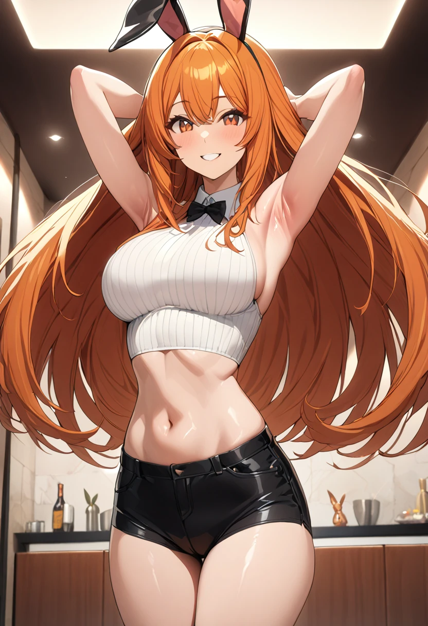 1 woman, solo, tall woman, long orange hair, straight hair ,orange eyes, (Full Breasts), (cleavagte:1.3), (armpit:1.3),(midriff peek:1.3),  High Height,masterpiece, high resolution, shiny, full body, beautiful,A cute smile that makes the viewer happy, highly detailed beautiful face and eyes,looking at viewer, (bunny girl:1.2), 