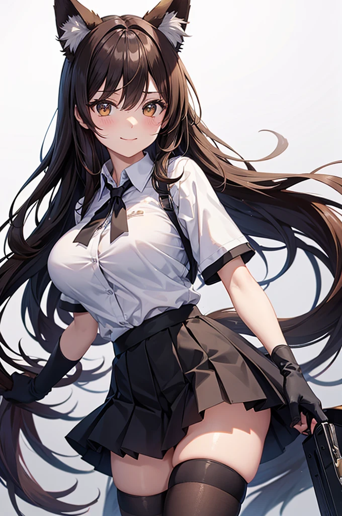 best quality, solo,Franka, 1girl, solo, long hair, breasts, looking at viewer, blush, smile, bangs, skirt, large breasts, simple background, brown hair, shirt, thighhighs, gloves, white background, animal ears, hair between eyes, brown eyes, very long hair, closed mouth, tail, short sleeves, black gloves, elbow gloves, collared shirt, black skirt, animal ear fluff, fox ears, fox tail, fox girl, single thighhigh, grey shirt, asymmetrical legwear,