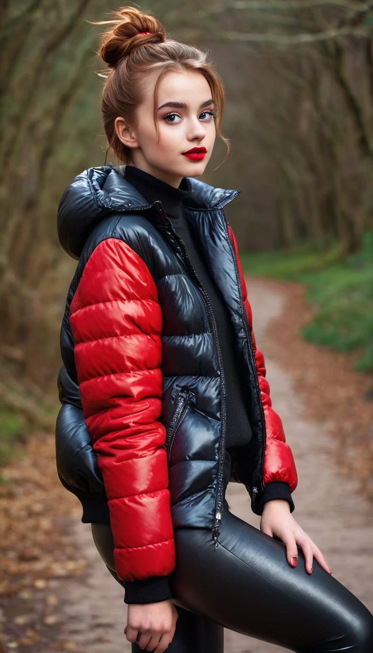 ultrarealistic high quality fullbody photo of a beautiful slim european  girl with cute hyperdetailed shy face and natural redhead short messy bun and mischievous face, realistic round hazel eyes, red lips, dark eye makeup with eyeliner, wearing shiny red puffer jacket and faux leather leggins, hourglass body, outdoor shooting