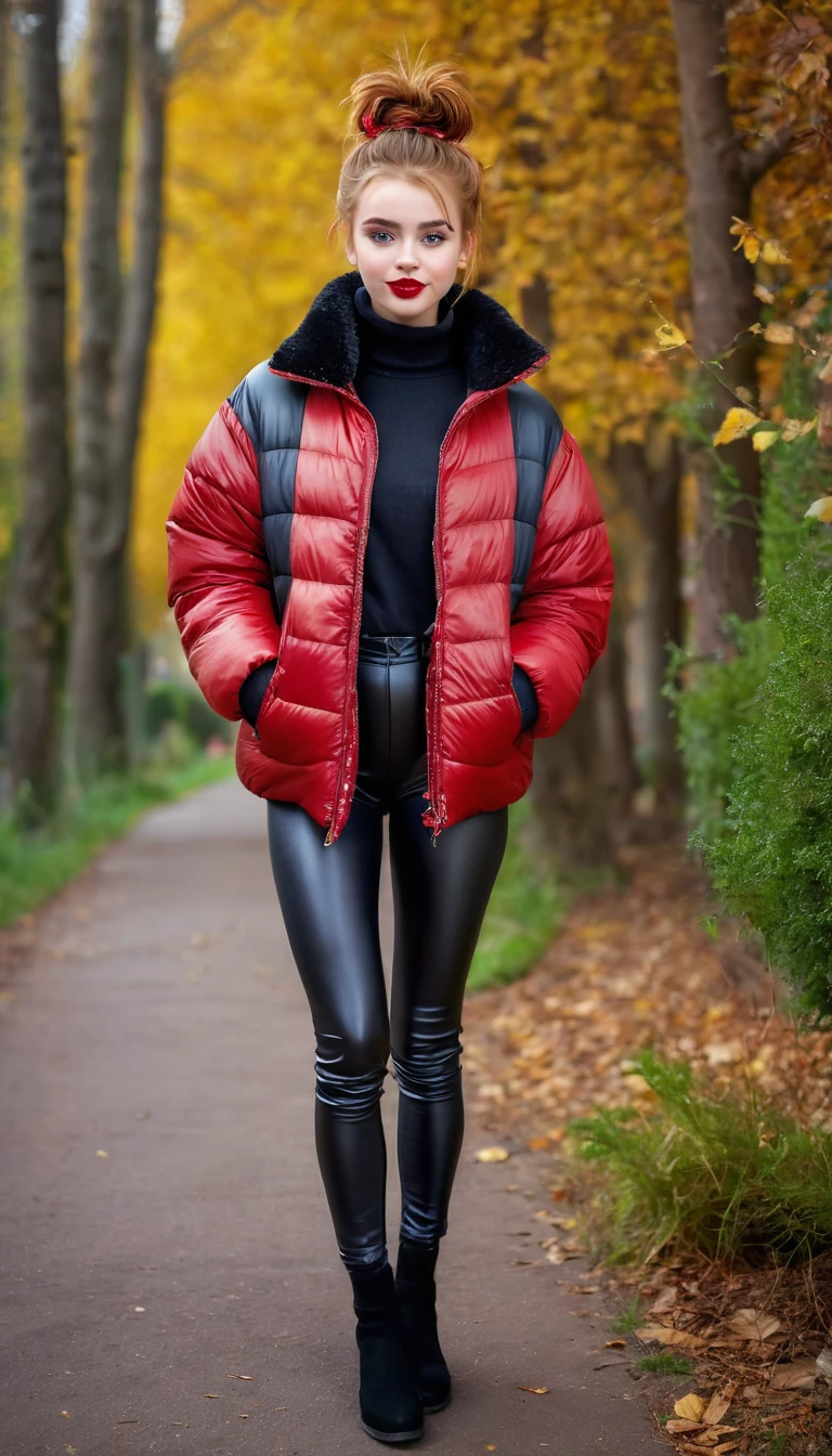 ultrarealistic high quality fullbody photo of a beautiful slim european girl with cute hyperdetailed shy face and natural redhead short messy bun and mischievous face, realistic round hazel eyes, red lips, dark eye makeup with eyeliner, wearing shiny red puffer jacket and faux leather leggins, hourglass body, outdoor shooting
