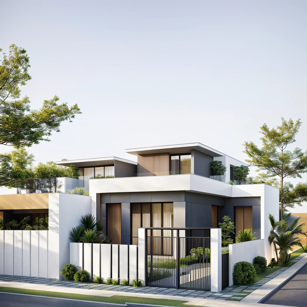 Minimalist modern architecture, The main materials of the house include white walls, stone cladding, trần ốp gỗ, glass railing, hình ảnh chân thực, extremely detailed, a modern house, 1 road in front of the house, Large yard made from ceramic tiles, brick fence, grass, go bông hoa nhỏ, a road in front of the house, The main materials of the house are white walls and bricks, trần ốp gỗ, Modern design, blue sky, (warm light from inside 1.2), Dynamic lighting, sparkling light, cinematic lighting, how to read it mạn, (((night light, warm light)))