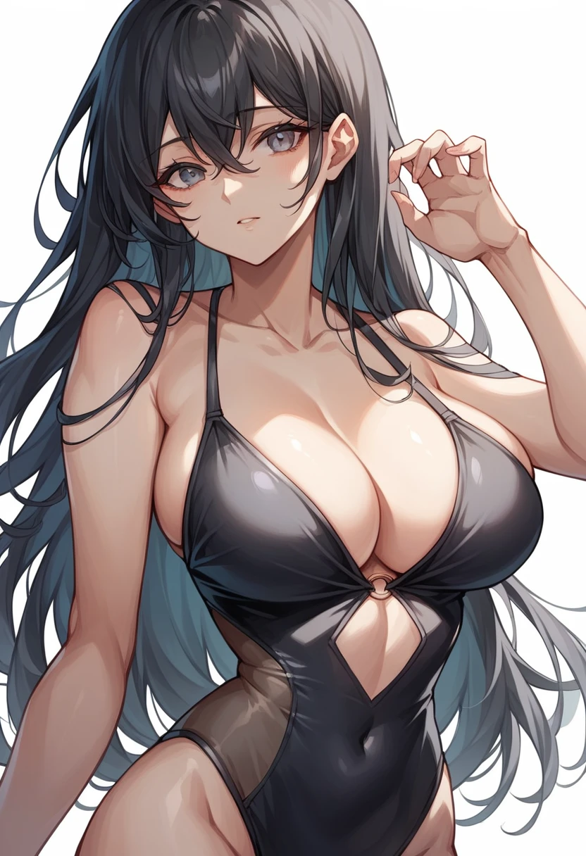 masterpiece,Highest quality,High resolution,shape,Very detailed,8k CG wallpaper,One Girl,Ray Tracing,Beautiful breasts,Long black hair, Black oversized swimsuit,White background,Waistline,Body facing left,Woman leopard pose,Big Breasts,