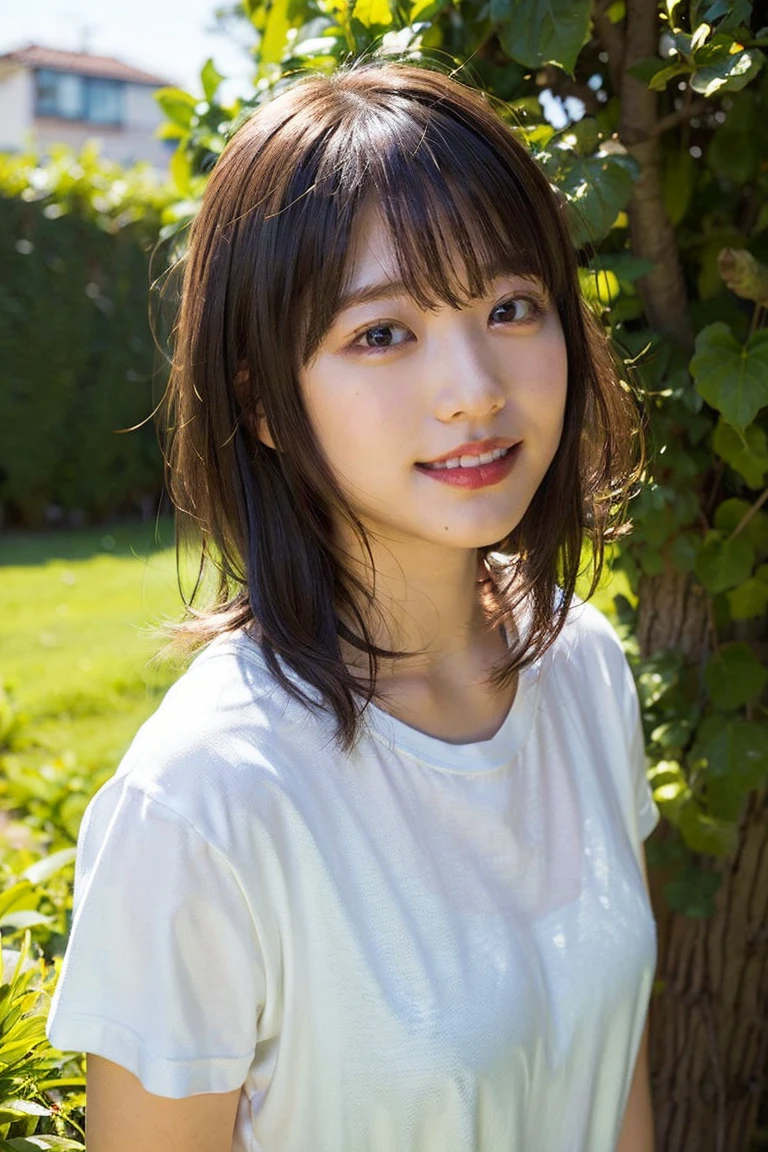 (Highest quality,masterpiece:1.3,Ultra-high resolution),(Very detailed,Caustics,8K),(Realistic:1.4,RAW shooting),18-year-old,cute,Japanese,Short black hair with outward curls,(White T-shirt),(smile),Looking up at the camera,blue sky,sun,Backlight,(Top of the Hill),(Tall green grassland:1.1),(Standing in the grassland),(Waist up shot),(Face Focus),(Face close-up),(High Situation:1.2),(High Angle:1.2),Natural light