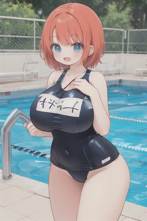 Huge breasts, One piece swimsuit, School Swimsuit, Name tag, Wide Hips, :d, Pool