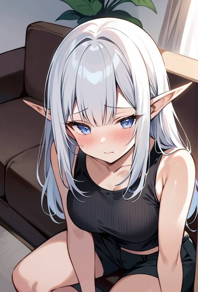 (masterpiece), best quality, expressive eyes, perfect face, Adult female, tall, toned body, elf, short ears, very short white hair, silver irises, blushing, on knees, embarrassed, flustered, black ribbed tanktop, black cargo pants, d-cup , highly detailed, on living room couch, perfect detail, high quality, perfect irises, perfect eyes, perfect hands, [close above view, looking up, looking at me, Alone, Non-nude]